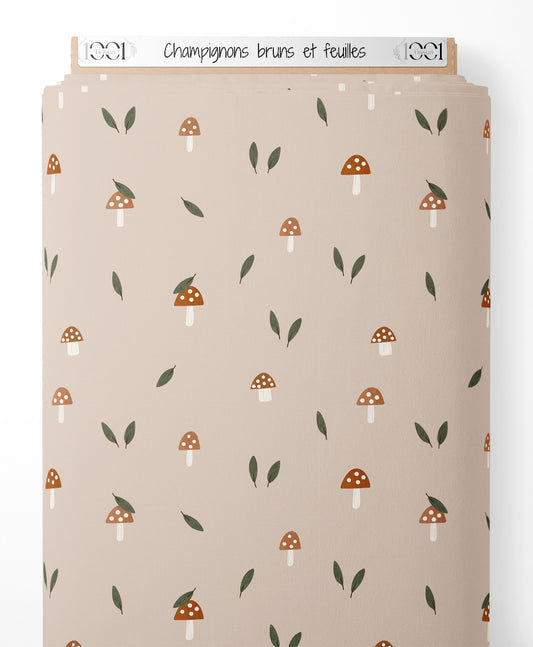 Tissu - Champignons bruns et feuilles