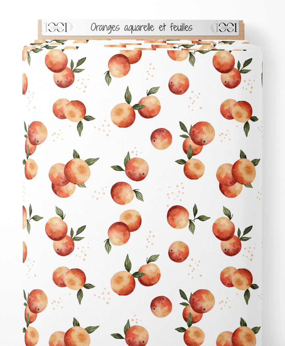 Tissu - Oranges aquarelle et feuilles