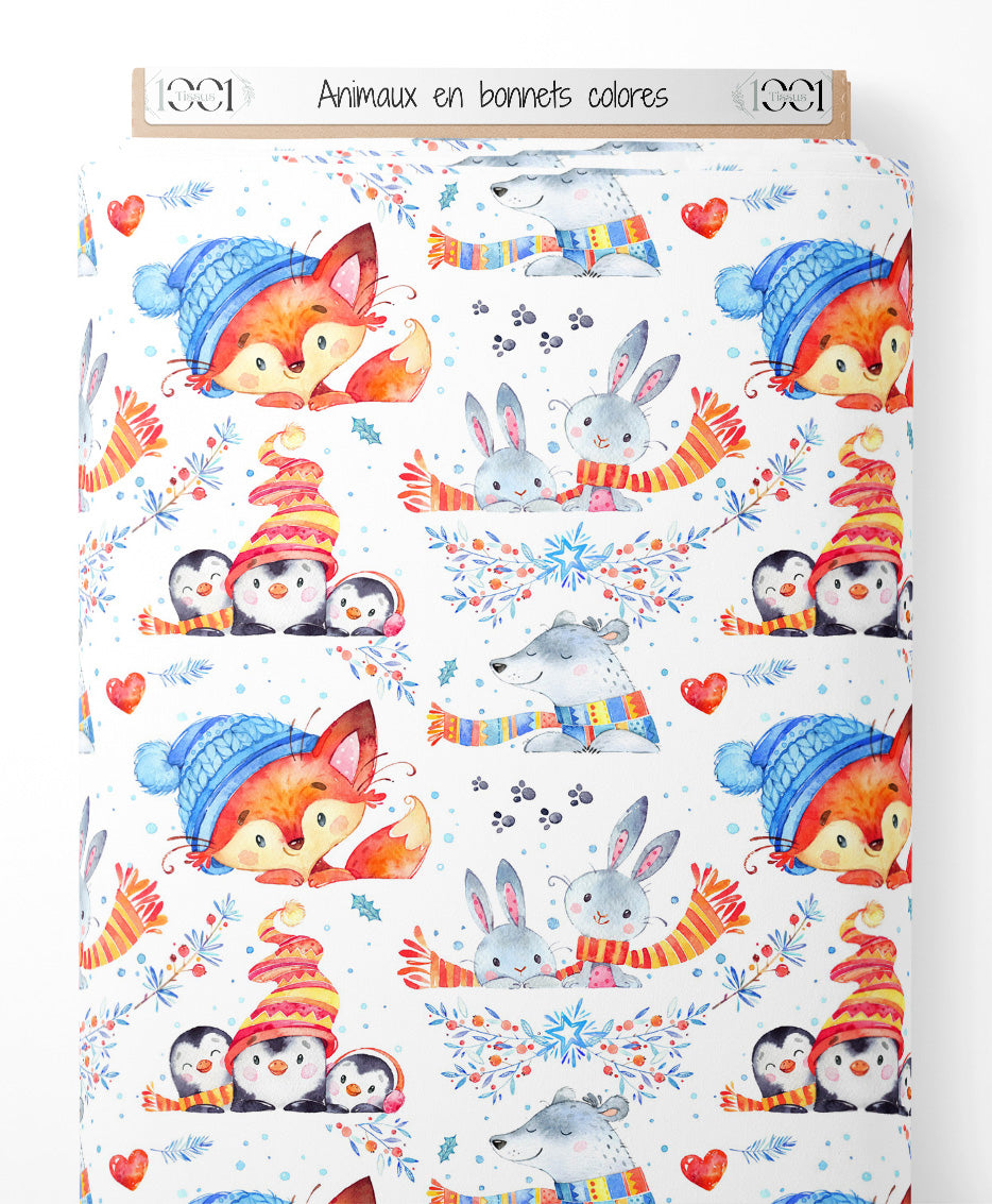 Tissu - Animaux en bonnets colorés