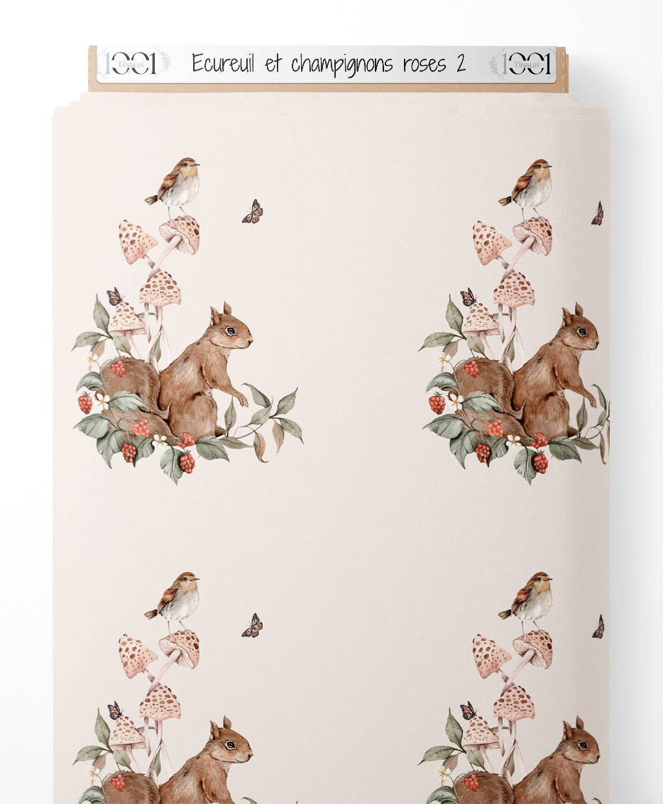 Tissu - Écureuil et champignons roses 2