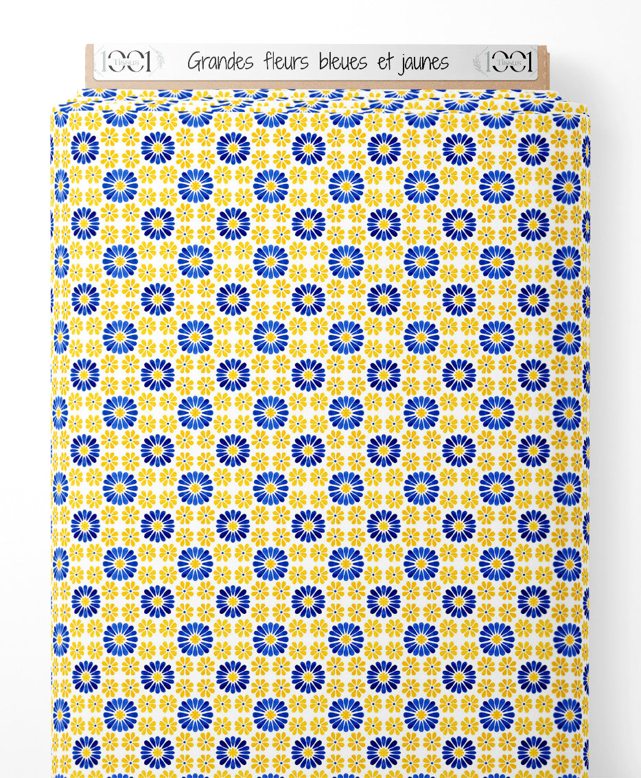 Tissu - Grandes fleurs bleues et jaunes