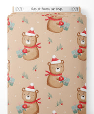 Tissu - Ours et flocons sur beige