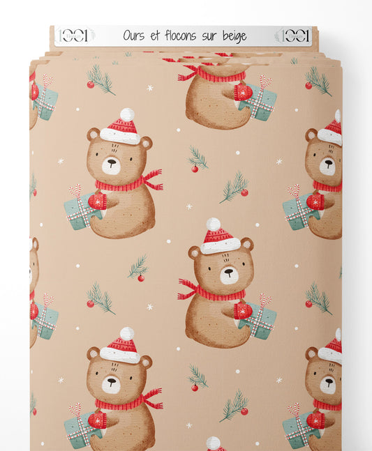 Tissu - Ours et flocons sur beige