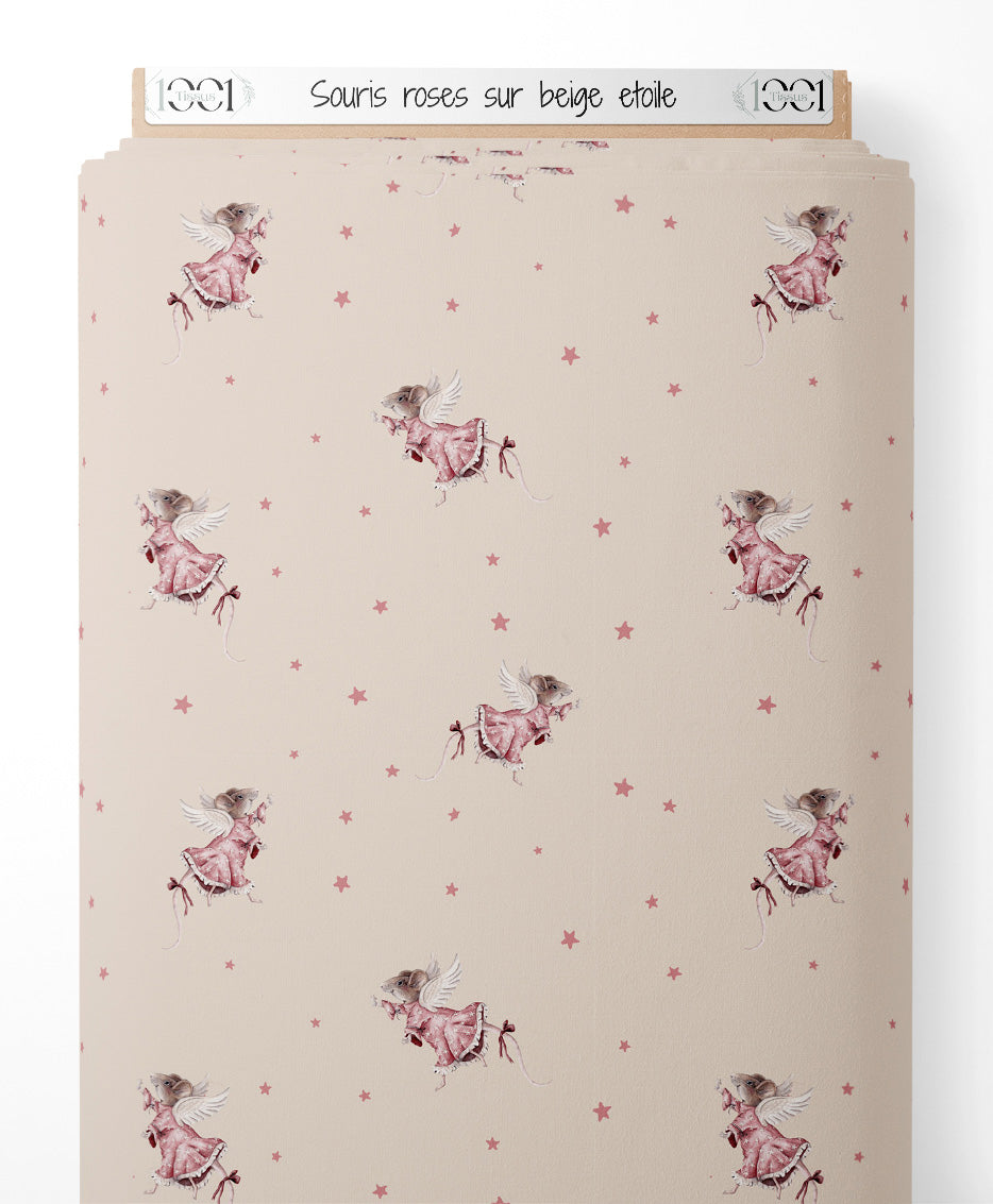 Tissu - Souris roses sur beige étoilé
