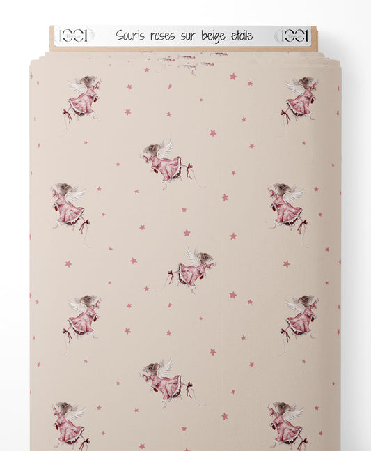 Tissu - Souris roses sur beige étoilé