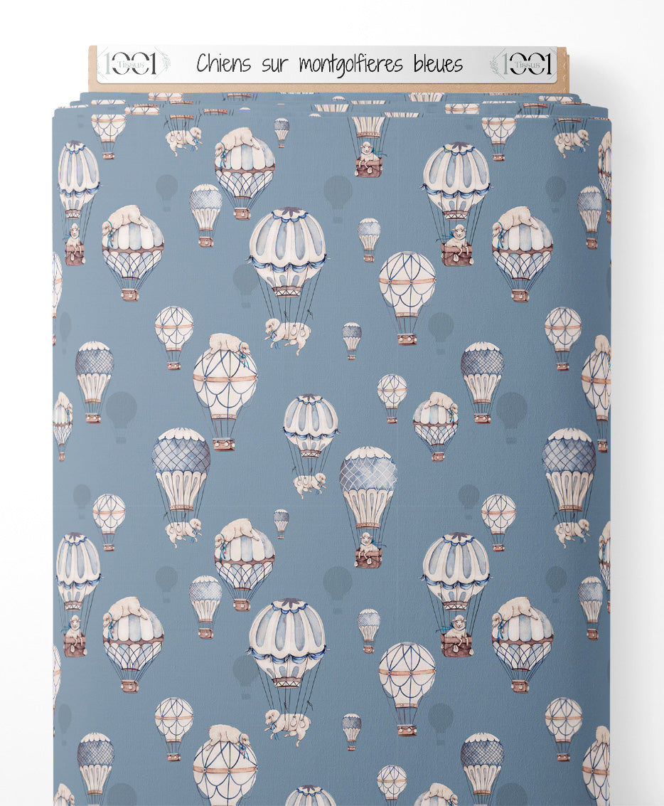 Tissu - Chiens sur montgolfières bleues
