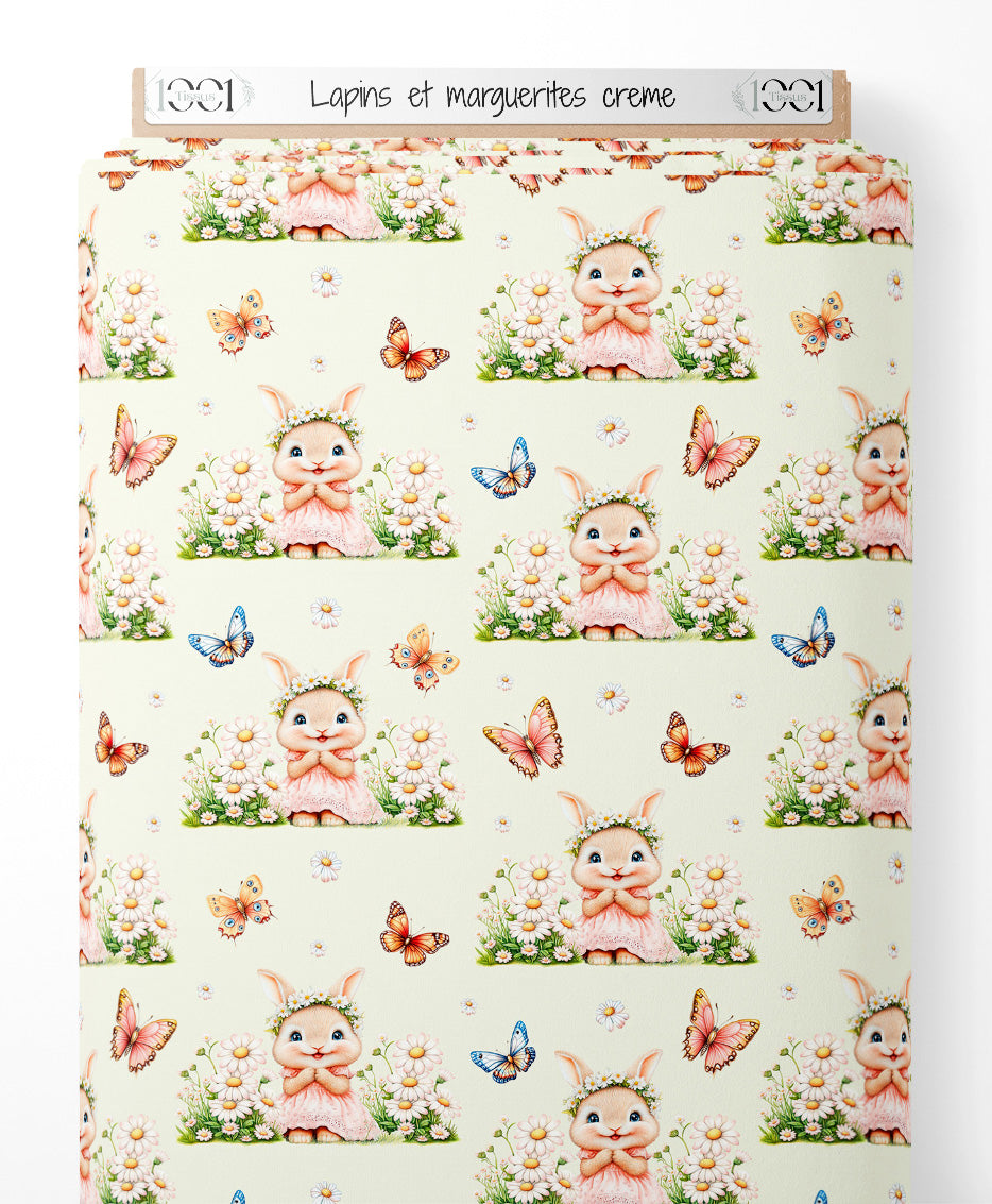 Tissu - Lapins et marguerites crème