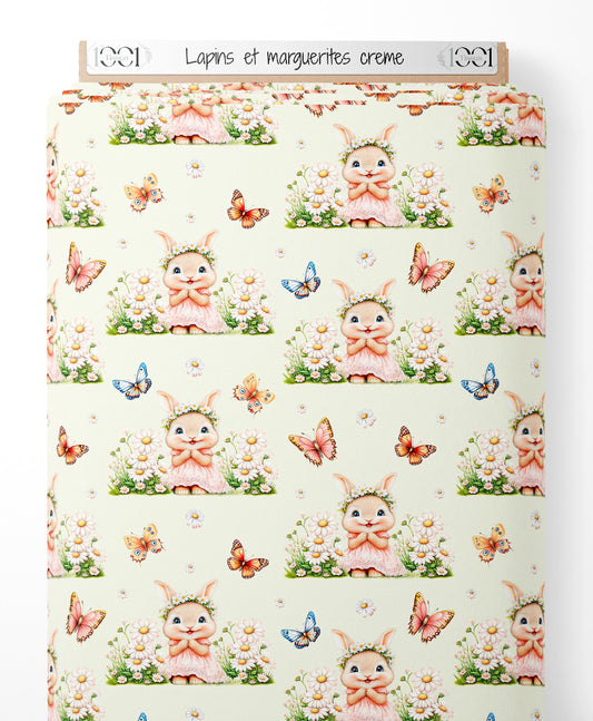 Tissu - Lapins et marguerites crème