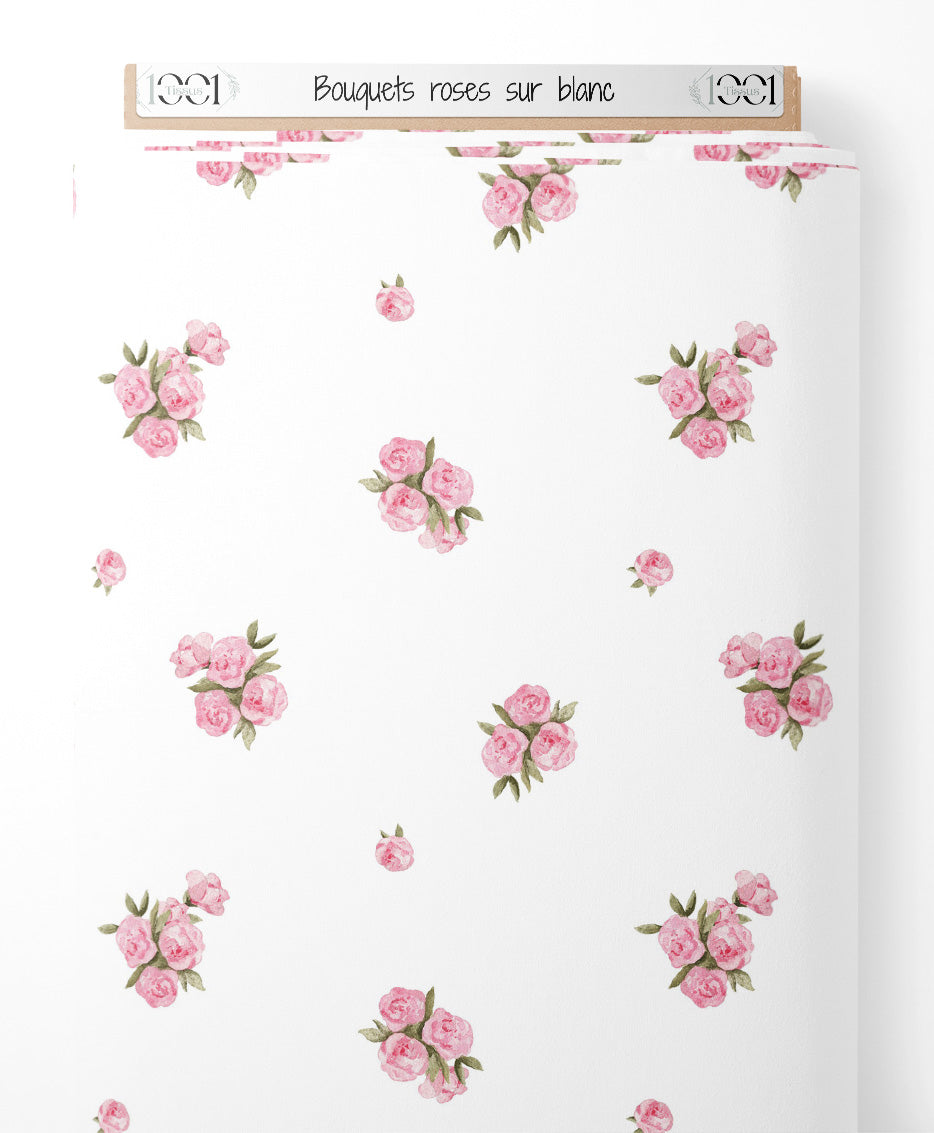 Tissu - Bouquets roses sur blanc