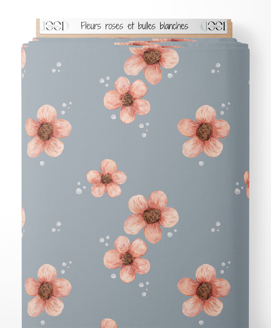 Tissu - Fleurs roses et bulles blanches