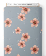 Tissu - Fleurs roses et bulles blanches