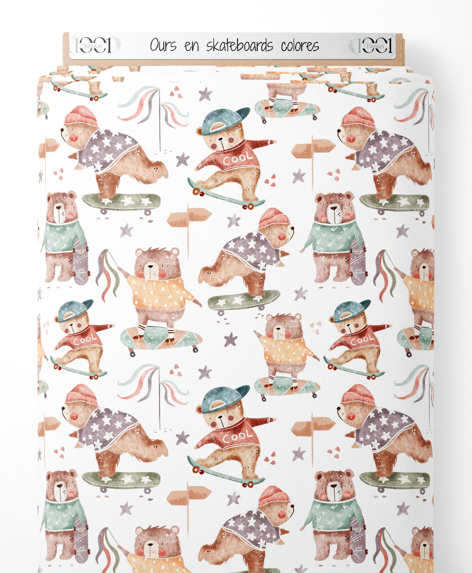 Tissu - Ours en skateboards colorés
