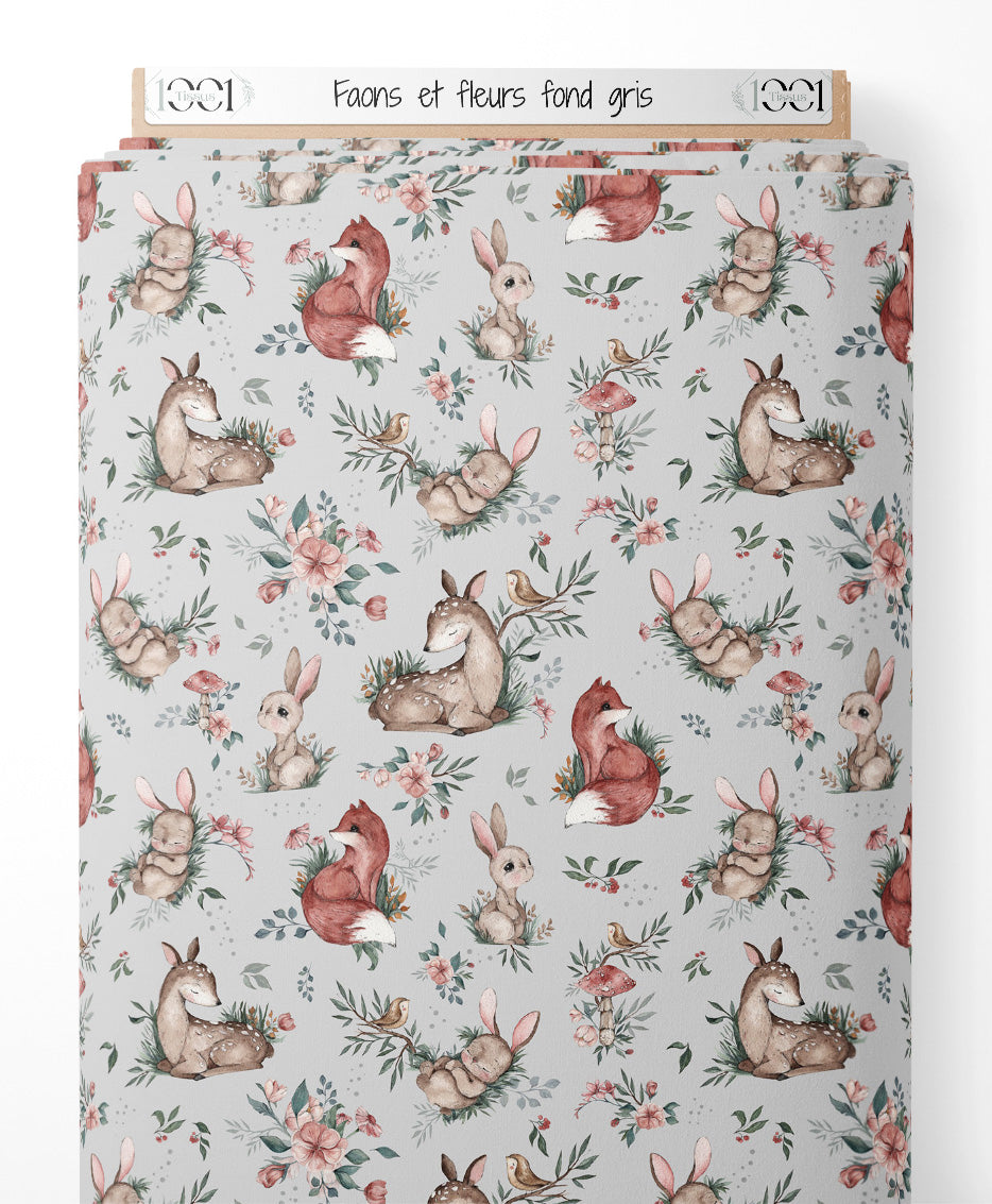 Tissu - Faons et fleurs sur fond gris