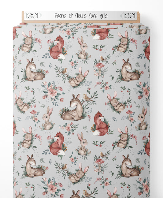 Tissu - Faons et fleurs sur fond gris