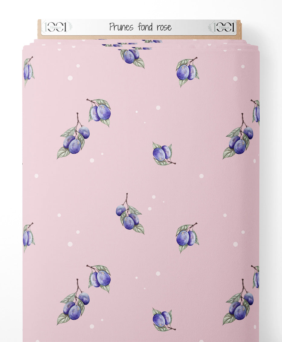 Tissu - Prunes sur fond rose