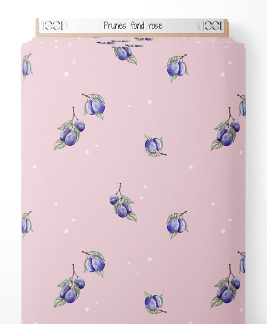 Tissu - Prunes sur fond rose
