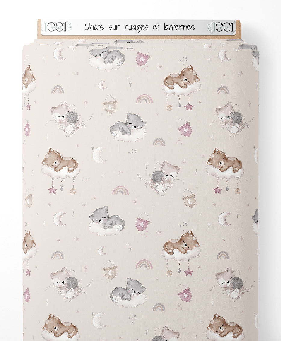 Tissu - Chats sur nuages et lanternes