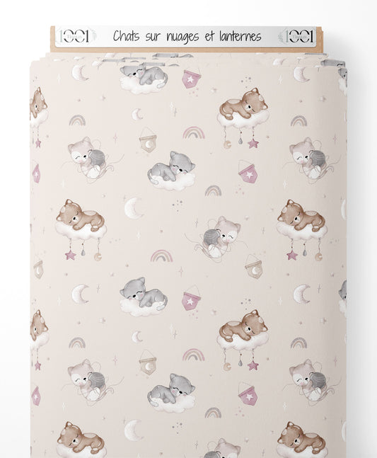 Tissu - Chats sur nuages et lanternes