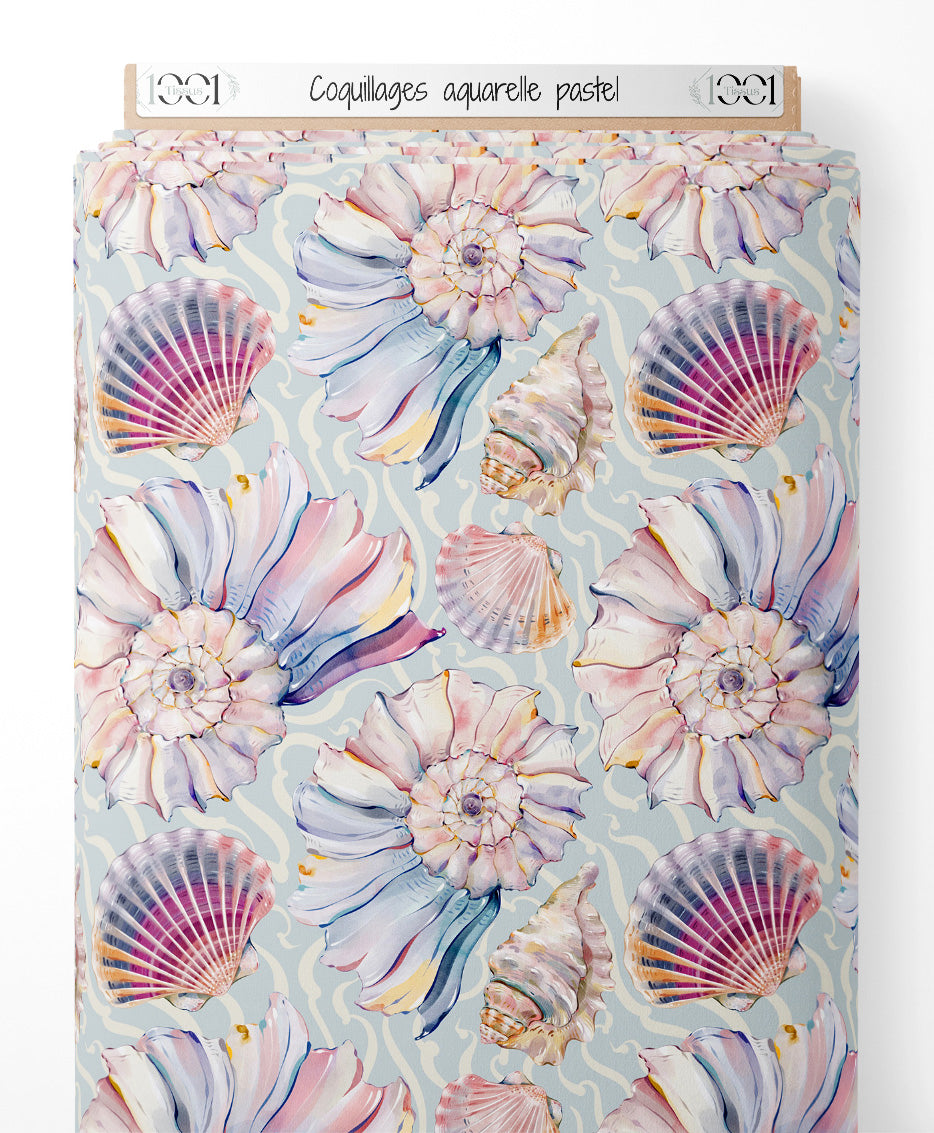 Tissu - Coquillages aquarelle pastel