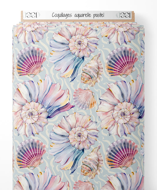 Tissu - Coquillages aquarelle pastel