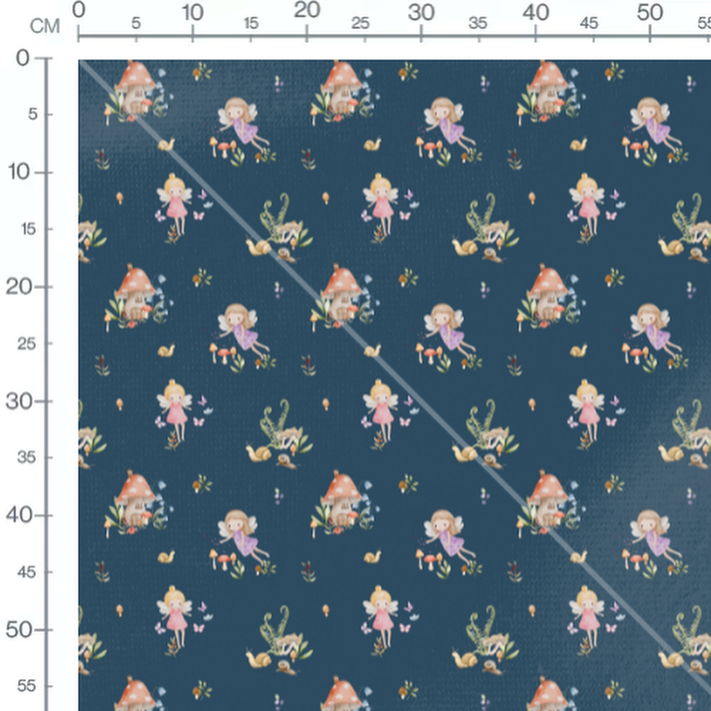 Tissu - Fées et escargots sur fond bleu