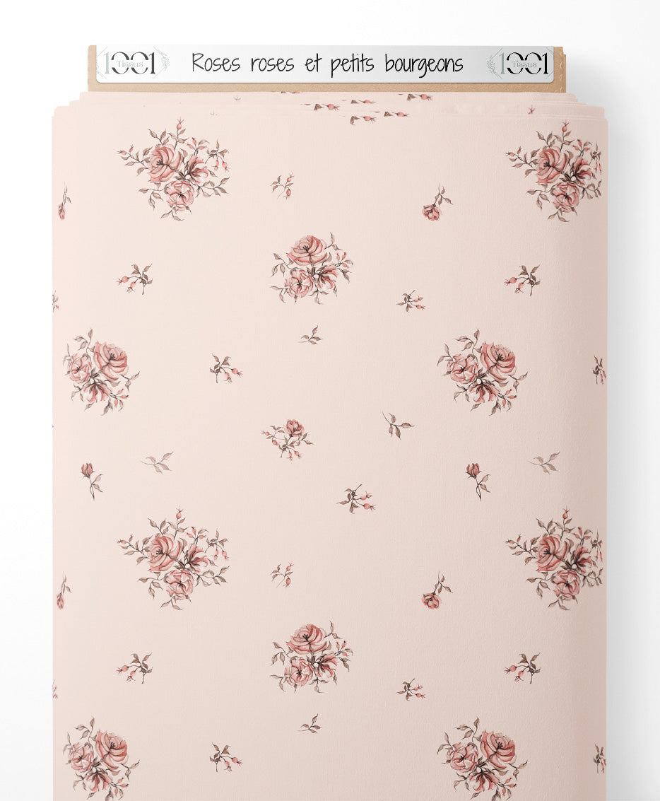 Tissu - Roses roses et petits bourgeons