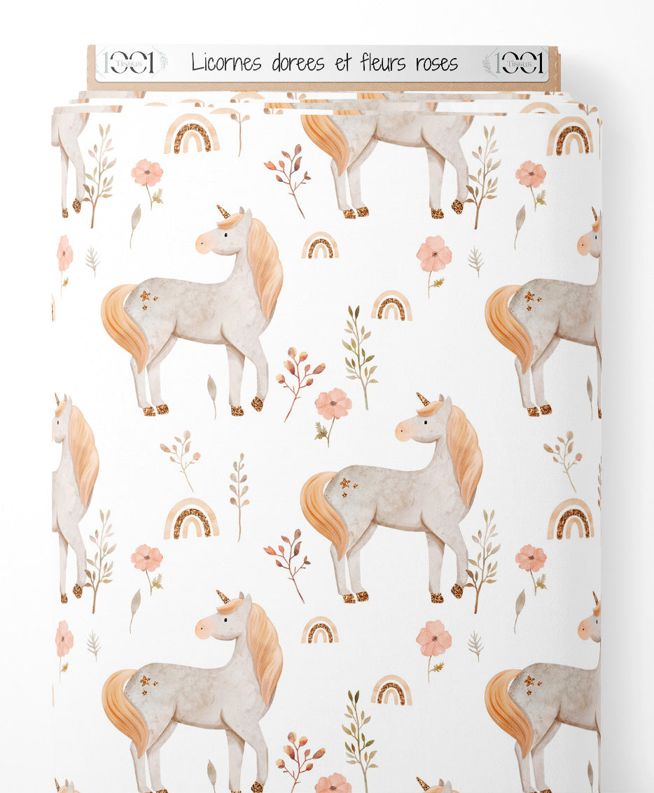 Tissu - Licornes dorées et fleurs roses