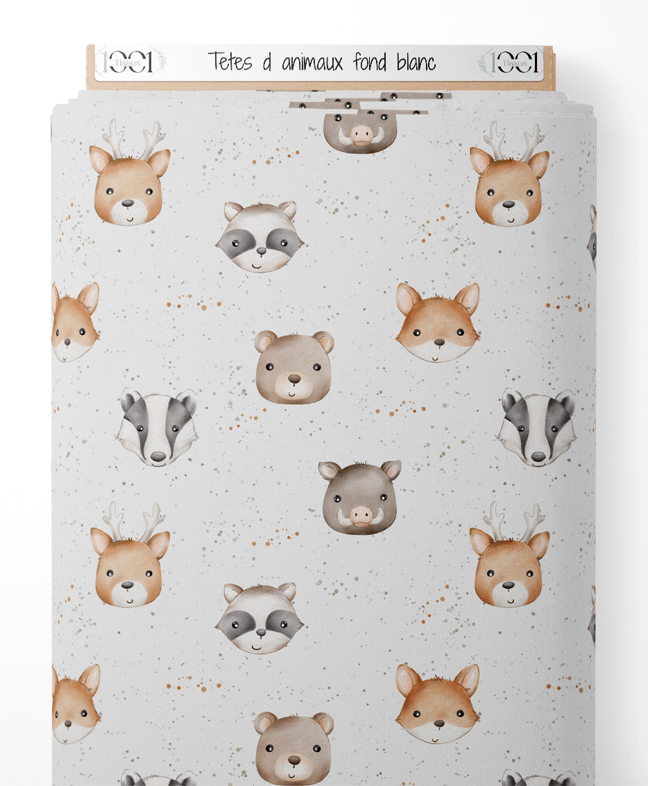 Tissu - Têtes d'animaux sur fond blanc