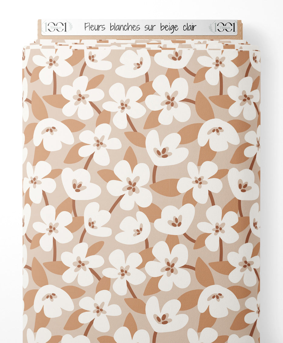 Tissu - Fleurs blanches sur beige clair