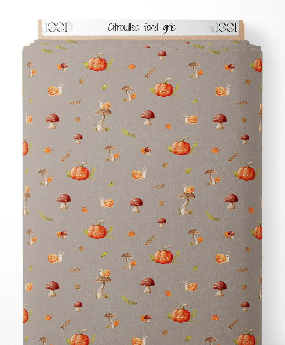 Tissu - Citrouilles sur fond gris