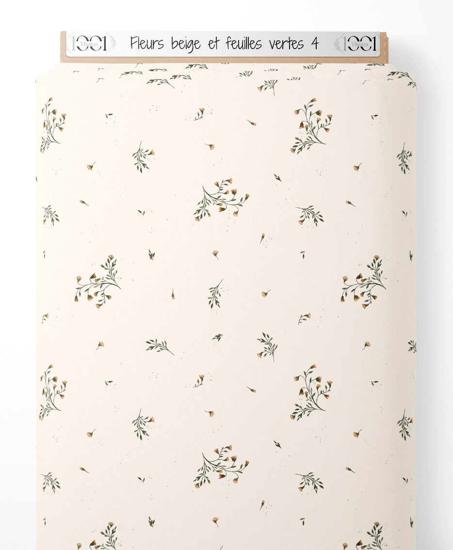Tissu - Fleurs beige et feuilles vertes 4