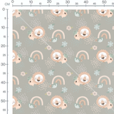 Tissu - Lions et fleurs pastel gris