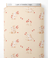 Tissu - Lapins et branches rouges