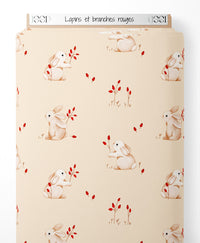 Tissu - Lapins et branches rouges