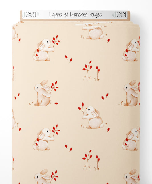 Tissu - Lapins et branches rouges