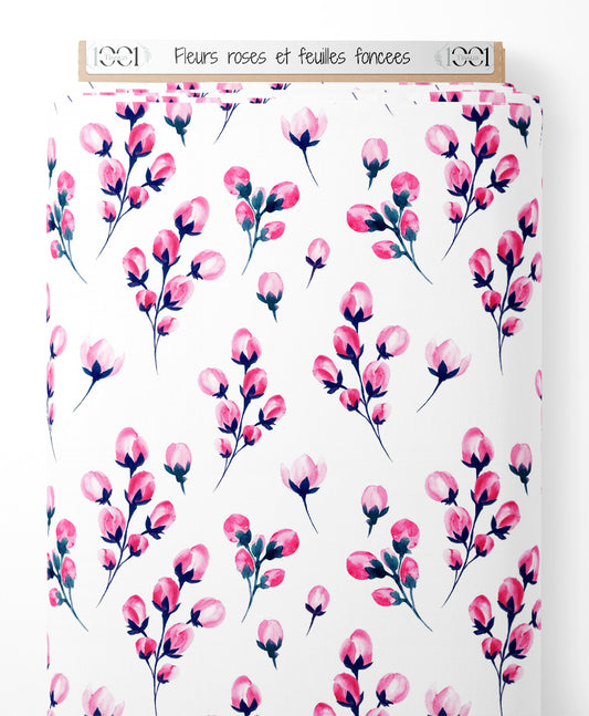 Tissu - Fleurs roses et feuilles foncées
