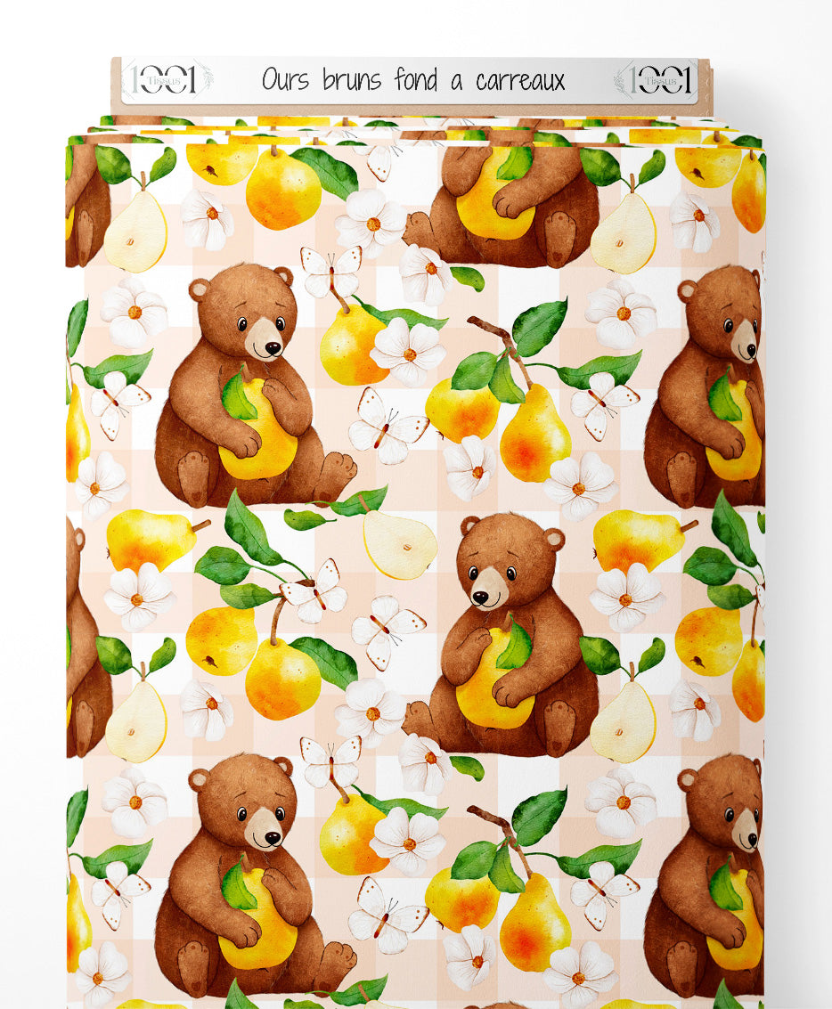 Tissu - Ours bruns sur fond à carreaux