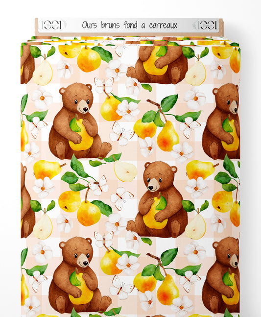 Tissu - Ours bruns sur fond à carreaux