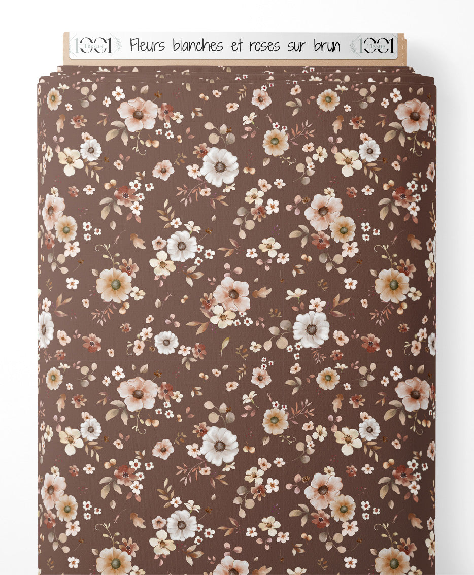 Tissu - Fleurs blanches et roses sur brun