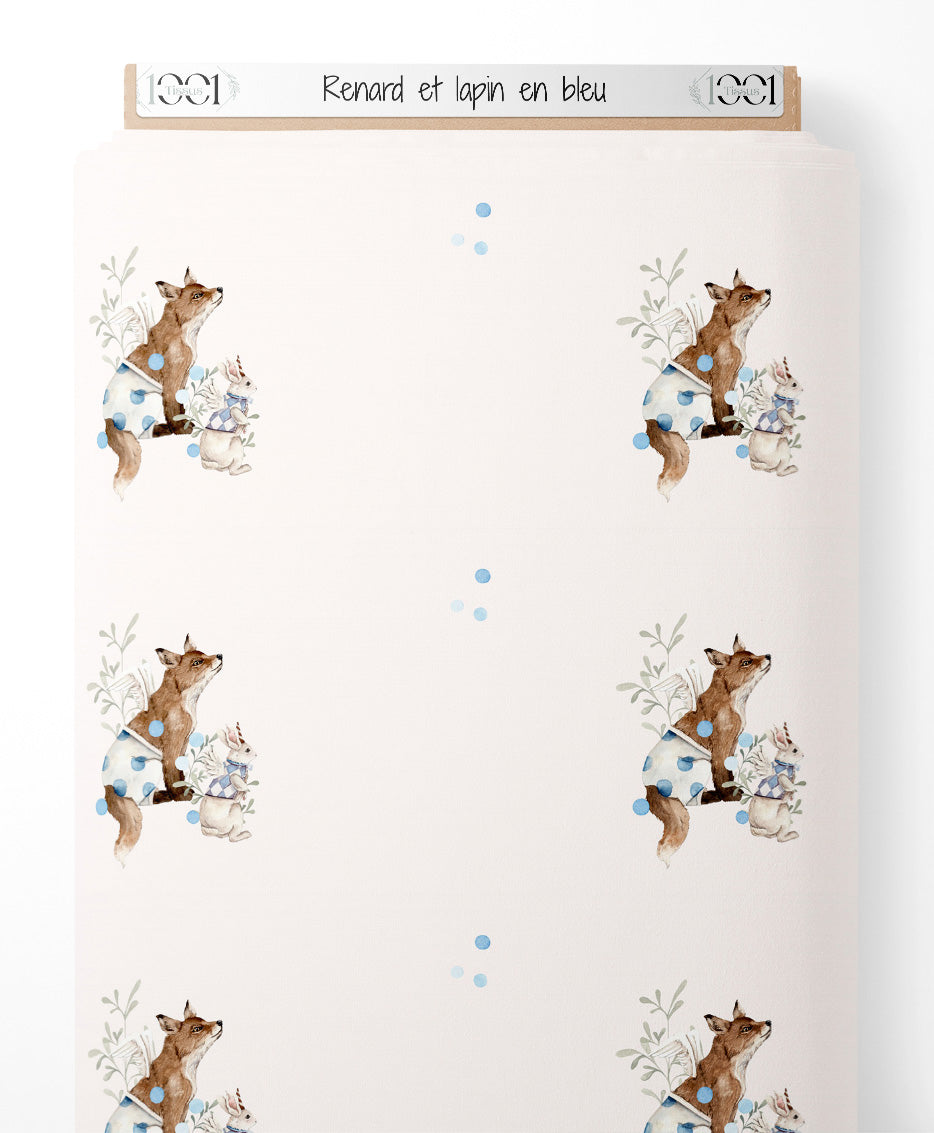 Tissu - Renard et lapin en bleu