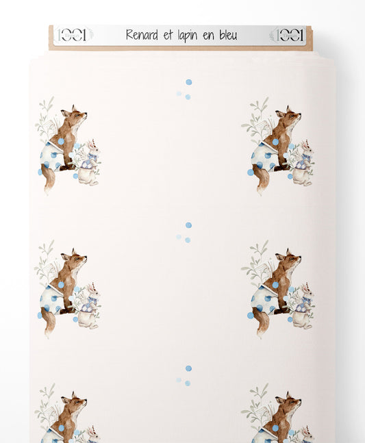 Tissu - Renard et lapin en bleu