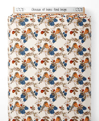 Tissu - Oiseaux et baies sur fond beige