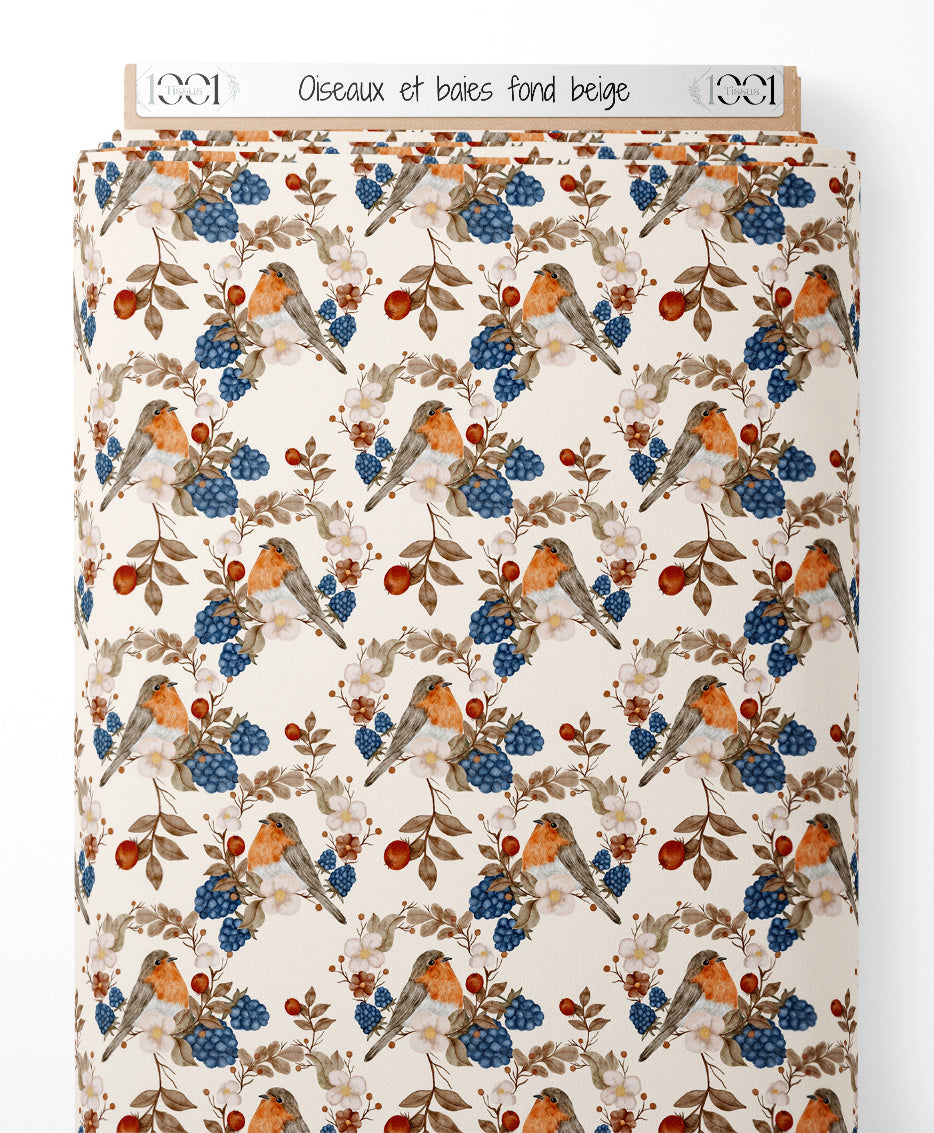 Tissu - Oiseaux et baies sur fond beige