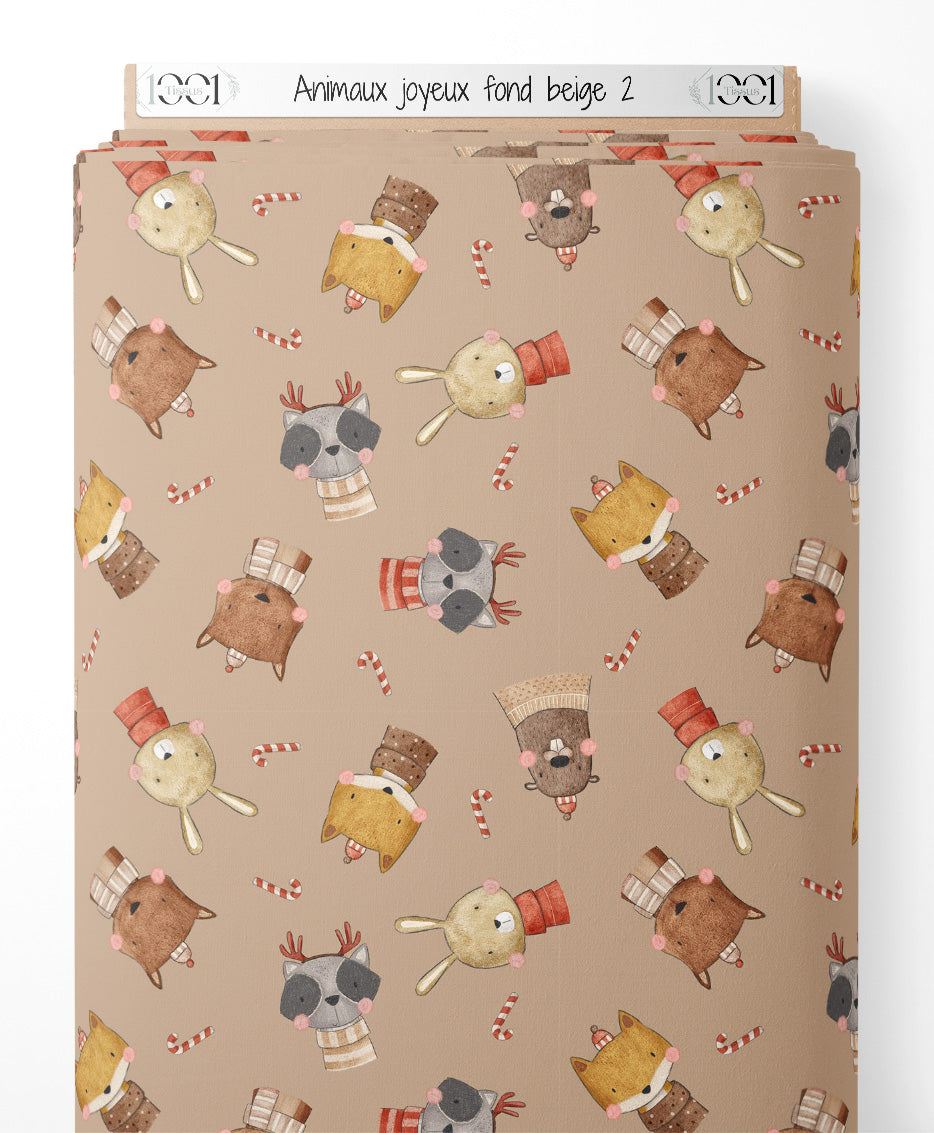 Tissu - Animaux joyeux sur fond beige 2