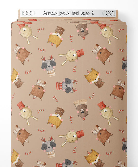 Tissu - Animaux joyeux sur fond beige 2