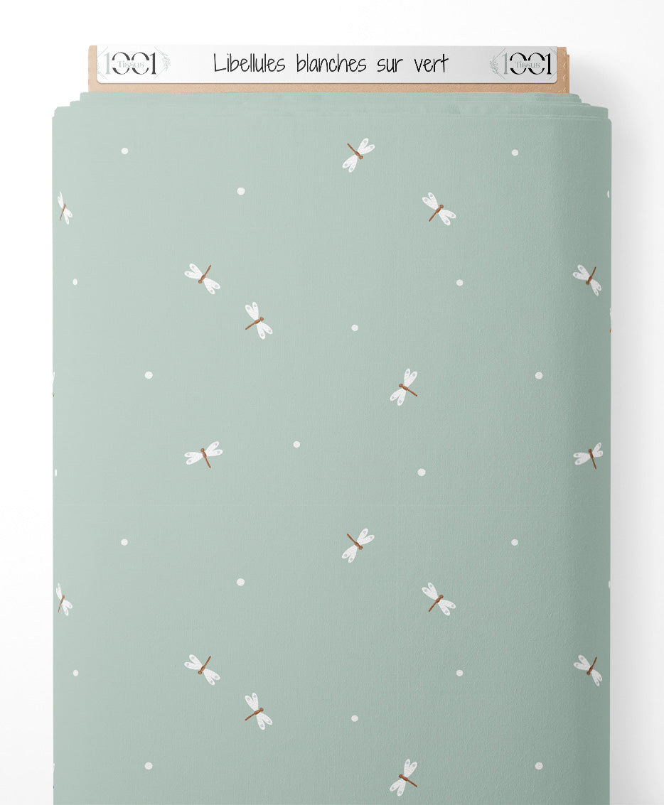 Tissu - Libellules blanches sur vert