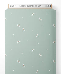 Tissu - Libellules blanches sur vert