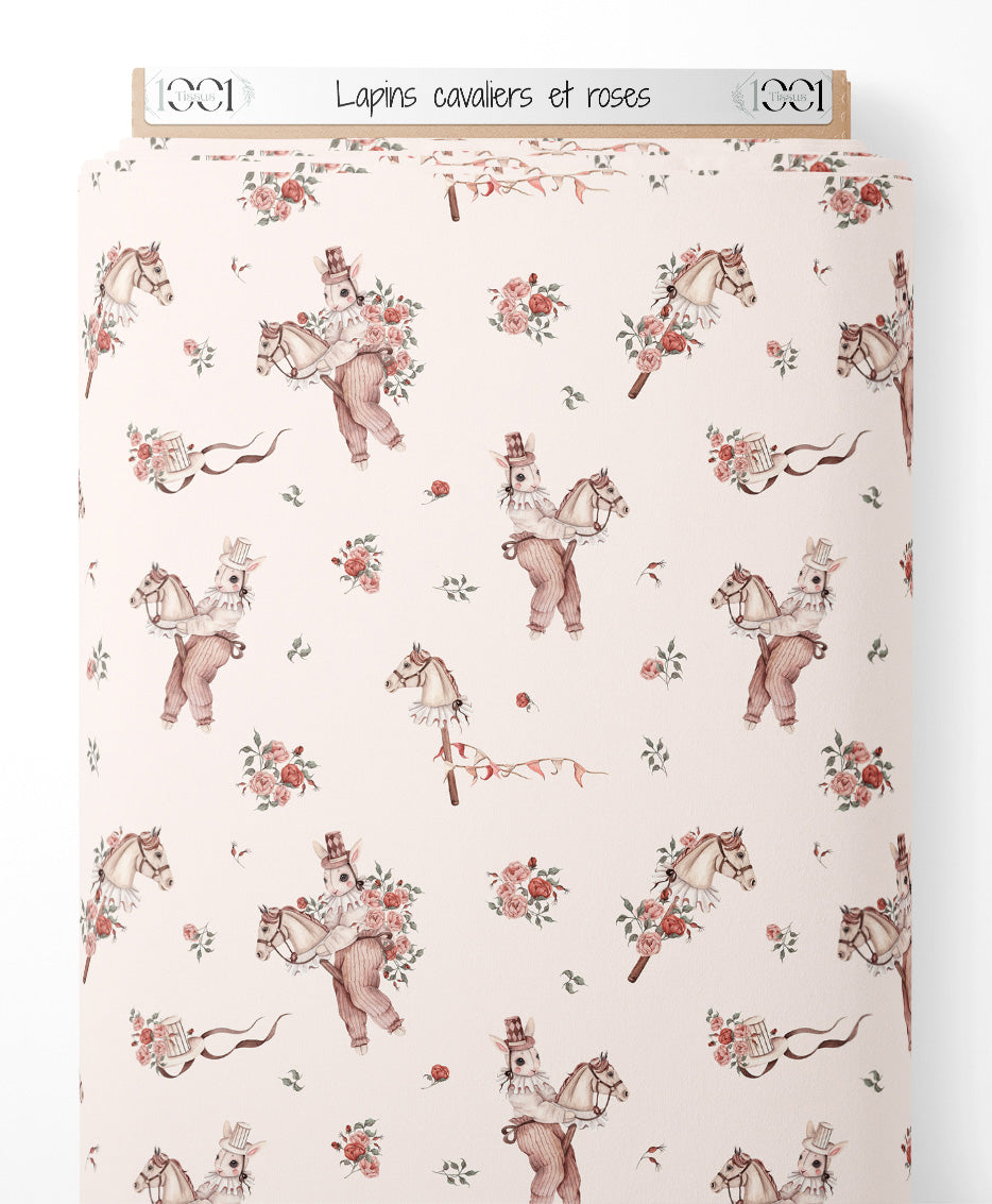 Tissu - Lapins cavaliers et roses