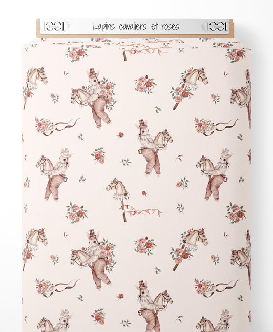 Tissu - Lapins cavaliers et roses