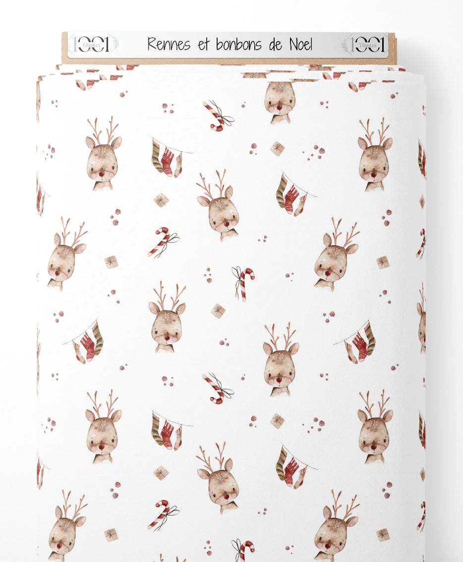 Tissu - Rennes et bonbons de Noël